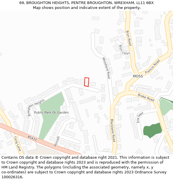 69, BROUGHTON HEIGHTS, PENTRE BROUGHTON, WREXHAM, LL11 6BX: Location map and indicative extent of plot