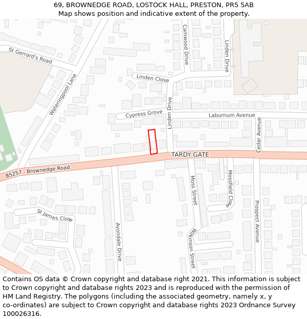 69, BROWNEDGE ROAD, LOSTOCK HALL, PRESTON, PR5 5AB: Location map and indicative extent of plot