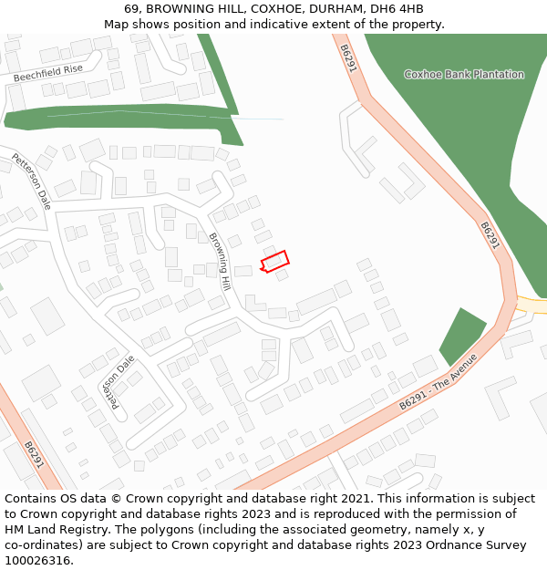 69, BROWNING HILL, COXHOE, DURHAM, DH6 4HB: Location map and indicative extent of plot