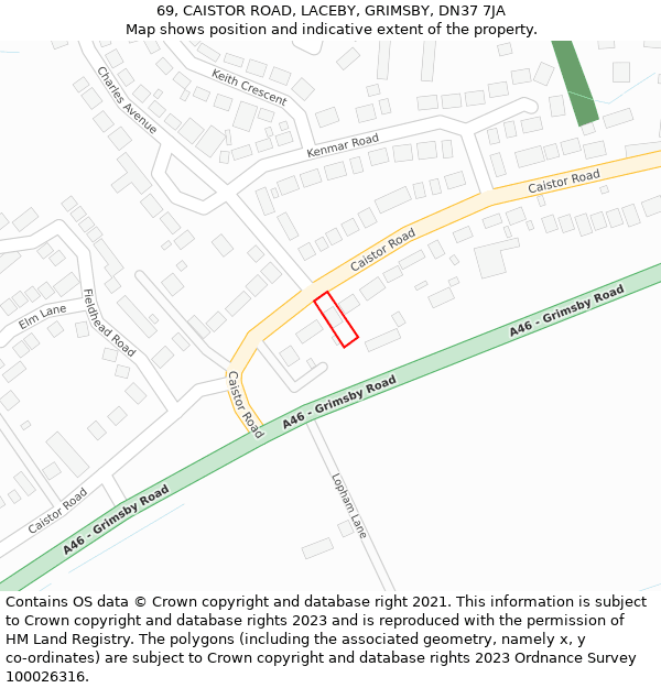 69, CAISTOR ROAD, LACEBY, GRIMSBY, DN37 7JA: Location map and indicative extent of plot