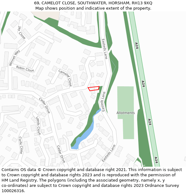 69, CAMELOT CLOSE, SOUTHWATER, HORSHAM, RH13 9XQ: Location map and indicative extent of plot