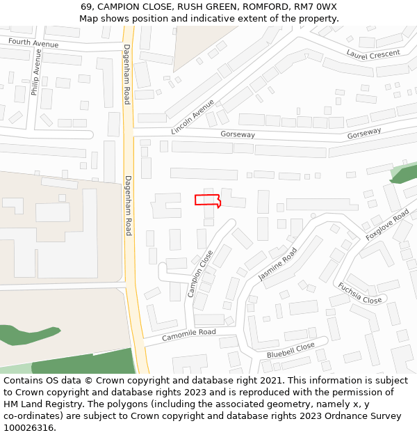 69, CAMPION CLOSE, RUSH GREEN, ROMFORD, RM7 0WX: Location map and indicative extent of plot