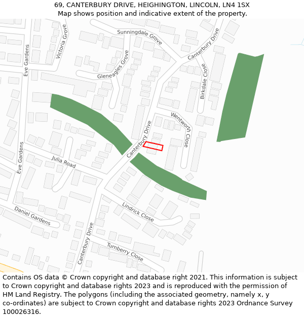 69, CANTERBURY DRIVE, HEIGHINGTON, LINCOLN, LN4 1SX: Location map and indicative extent of plot