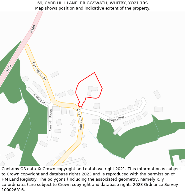 69, CARR HILL LANE, BRIGGSWATH, WHITBY, YO21 1RS: Location map and indicative extent of plot