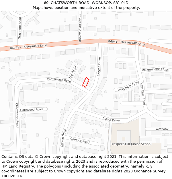 69, CHATSWORTH ROAD, WORKSOP, S81 0LD: Location map and indicative extent of plot