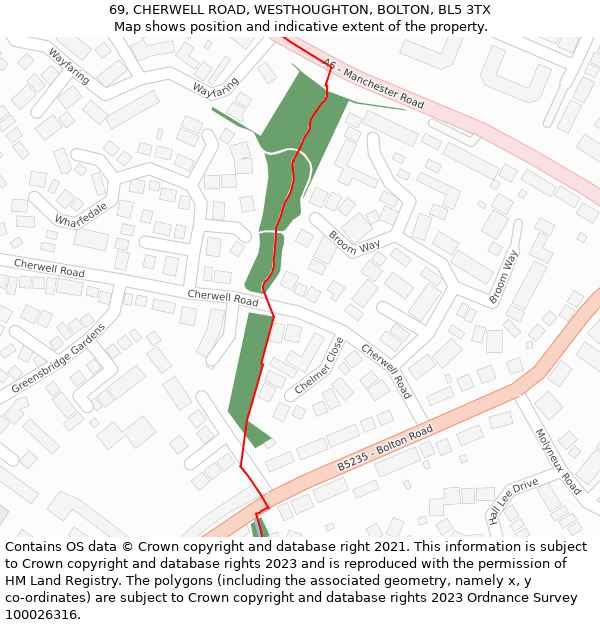69, CHERWELL ROAD, WESTHOUGHTON, BOLTON, BL5 3TX: Location map and indicative extent of plot