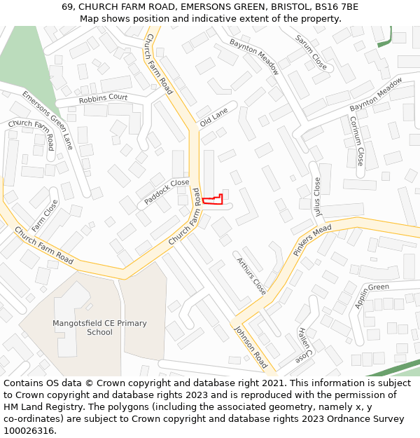 69, CHURCH FARM ROAD, EMERSONS GREEN, BRISTOL, BS16 7BE: Location map and indicative extent of plot