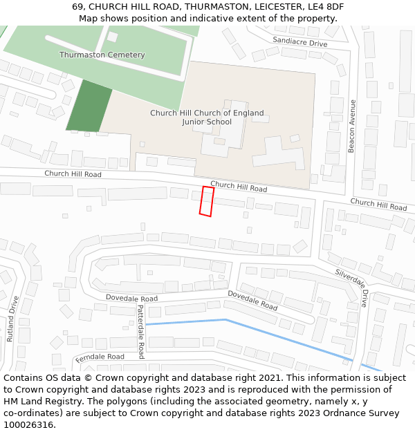 69, CHURCH HILL ROAD, THURMASTON, LEICESTER, LE4 8DF: Location map and indicative extent of plot