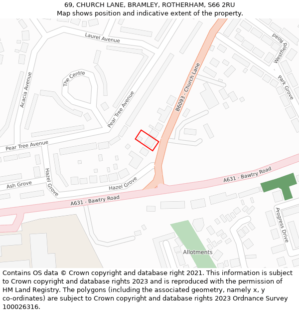 69, CHURCH LANE, BRAMLEY, ROTHERHAM, S66 2RU: Location map and indicative extent of plot