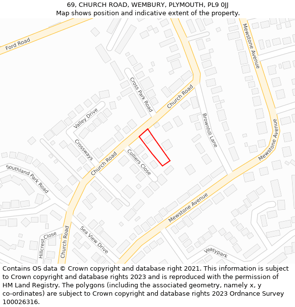 69, CHURCH ROAD, WEMBURY, PLYMOUTH, PL9 0JJ: Location map and indicative extent of plot
