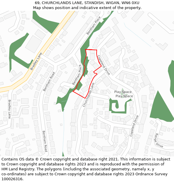69, CHURCHLANDS LANE, STANDISH, WIGAN, WN6 0XU: Location map and indicative extent of plot