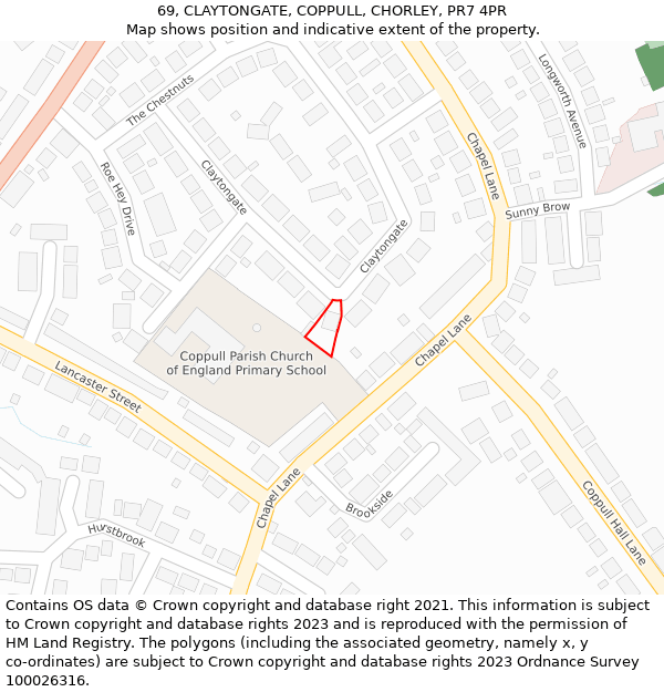 69, CLAYTONGATE, COPPULL, CHORLEY, PR7 4PR: Location map and indicative extent of plot