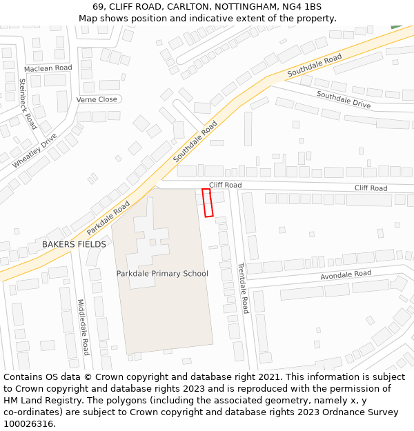 69, CLIFF ROAD, CARLTON, NOTTINGHAM, NG4 1BS: Location map and indicative extent of plot