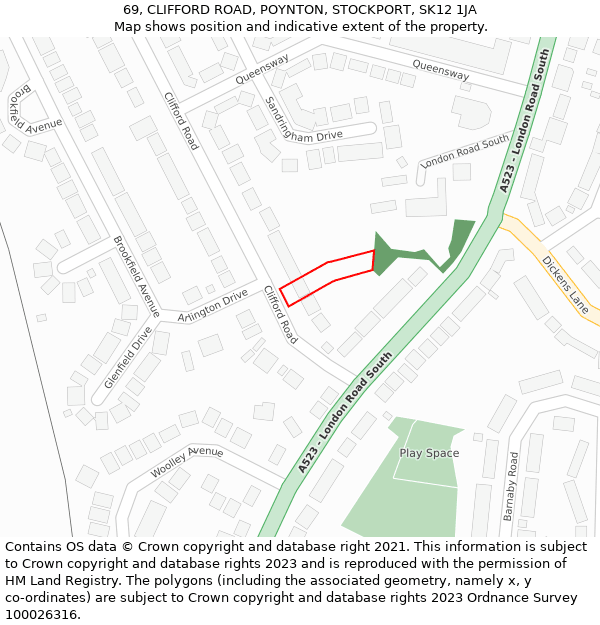 69, CLIFFORD ROAD, POYNTON, STOCKPORT, SK12 1JA: Location map and indicative extent of plot