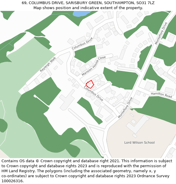 69, COLUMBUS DRIVE, SARISBURY GREEN, SOUTHAMPTON, SO31 7LZ: Location map and indicative extent of plot