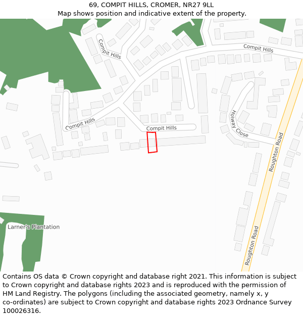 69, COMPIT HILLS, CROMER, NR27 9LL: Location map and indicative extent of plot