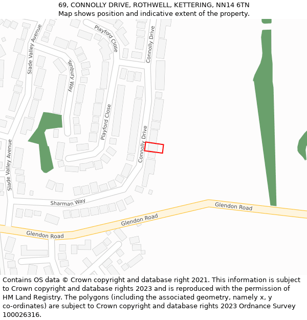 69, CONNOLLY DRIVE, ROTHWELL, KETTERING, NN14 6TN: Location map and indicative extent of plot