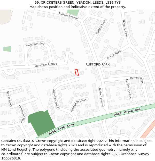 69, CRICKETERS GREEN, YEADON, LEEDS, LS19 7YS: Location map and indicative extent of plot