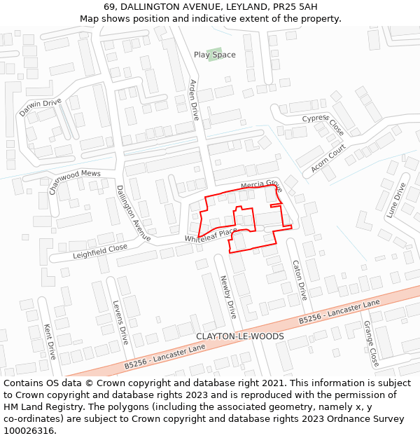 69, DALLINGTON AVENUE, LEYLAND, PR25 5AH: Location map and indicative extent of plot