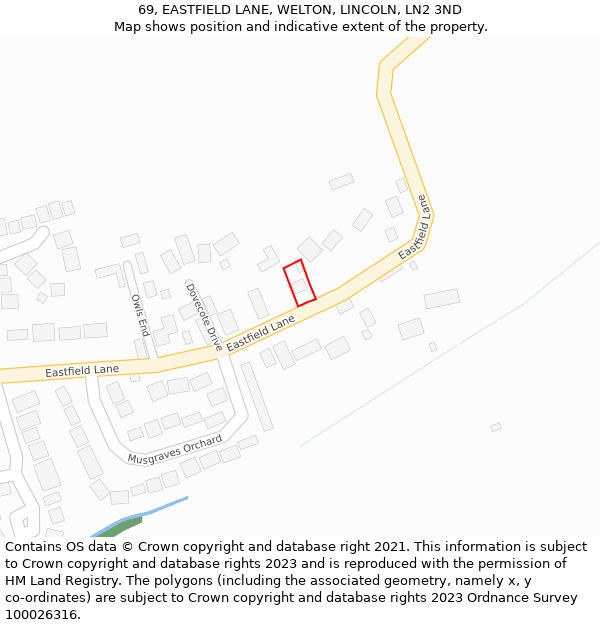 69, EASTFIELD LANE, WELTON, LINCOLN, LN2 3ND: Location map and indicative extent of plot