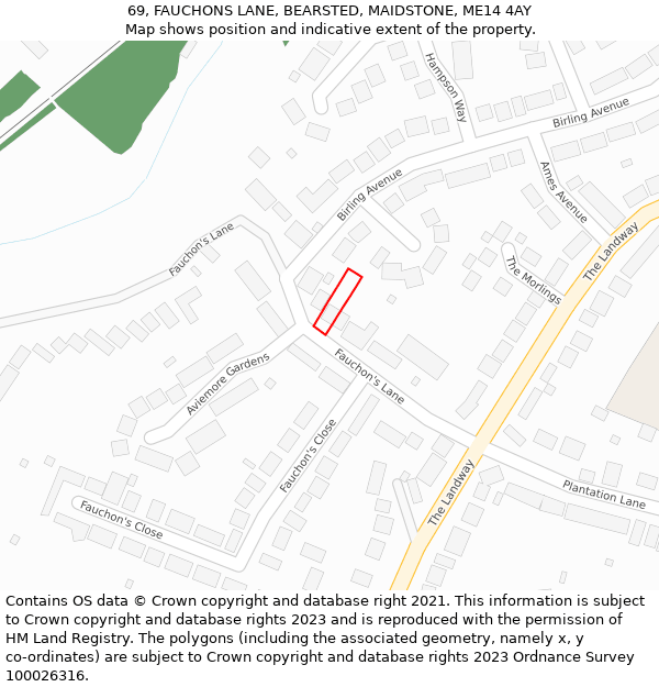 69, FAUCHONS LANE, BEARSTED, MAIDSTONE, ME14 4AY: Location map and indicative extent of plot