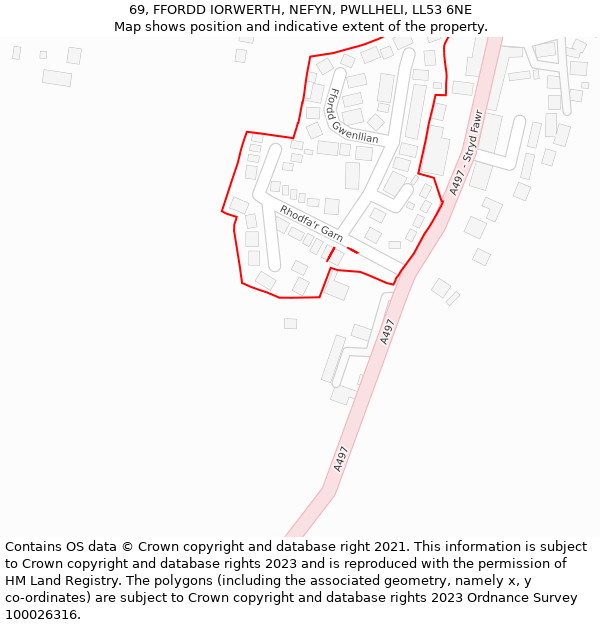 69, FFORDD IORWERTH, NEFYN, PWLLHELI, LL53 6NE: Location map and indicative extent of plot