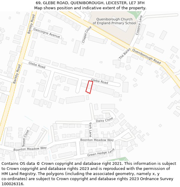 69, GLEBE ROAD, QUENIBOROUGH, LEICESTER, LE7 3FH: Location map and indicative extent of plot