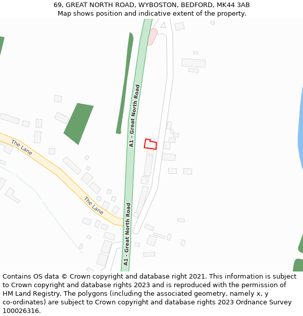 69, GREAT NORTH ROAD, WYBOSTON, BEDFORD, MK44 3AB: Location map and indicative extent of plot