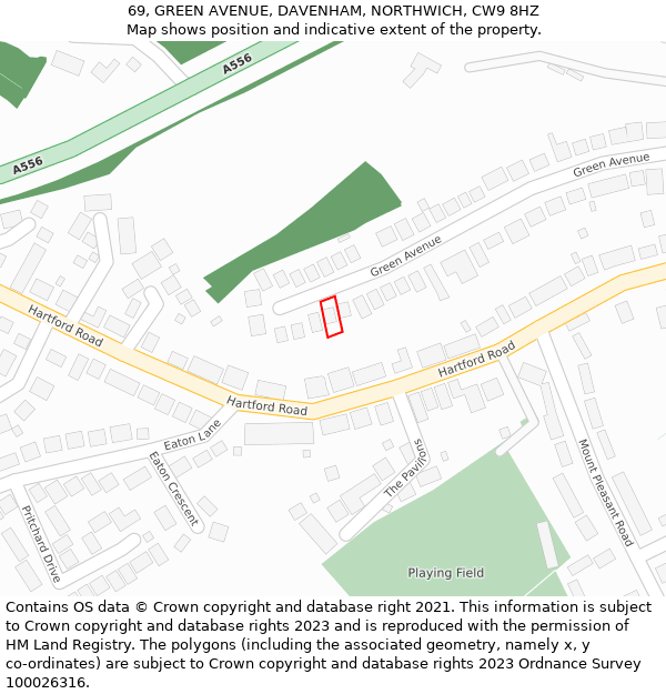 69, GREEN AVENUE, DAVENHAM, NORTHWICH, CW9 8HZ: Location map and indicative extent of plot