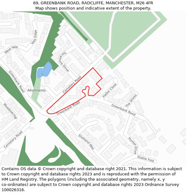 69, GREENBANK ROAD, RADCLIFFE, MANCHESTER, M26 4FR: Location map and indicative extent of plot