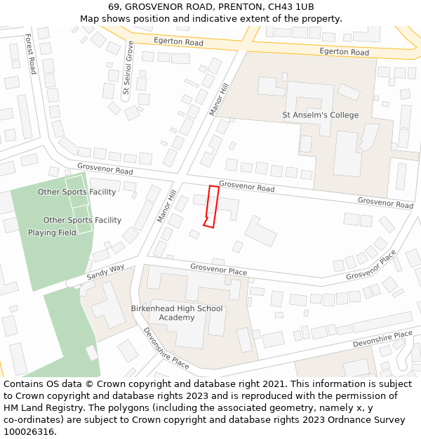 69, GROSVENOR ROAD, PRENTON, CH43 1UB: Location map and indicative extent of plot