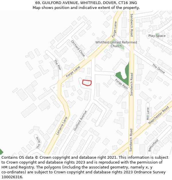 69, GUILFORD AVENUE, WHITFIELD, DOVER, CT16 3NG: Location map and indicative extent of plot