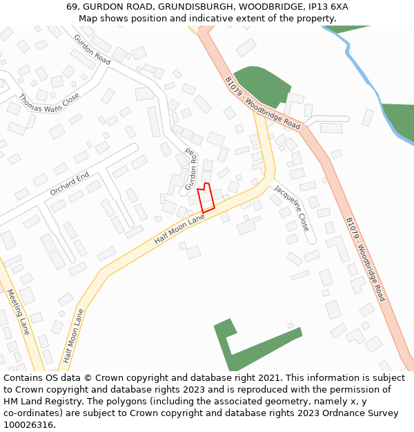 69, GURDON ROAD, GRUNDISBURGH, WOODBRIDGE, IP13 6XA: Location map and indicative extent of plot