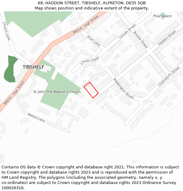 69, HADDON STREET, TIBSHELF, ALFRETON, DE55 5QB: Location map and indicative extent of plot