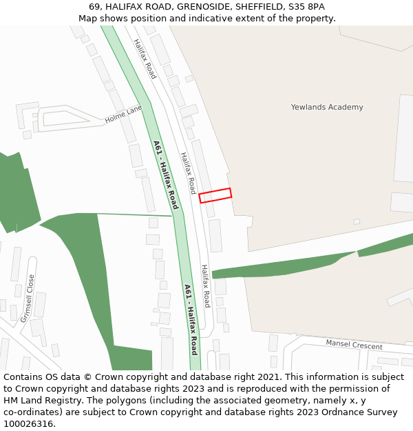 69, HALIFAX ROAD, GRENOSIDE, SHEFFIELD, S35 8PA: Location map and indicative extent of plot