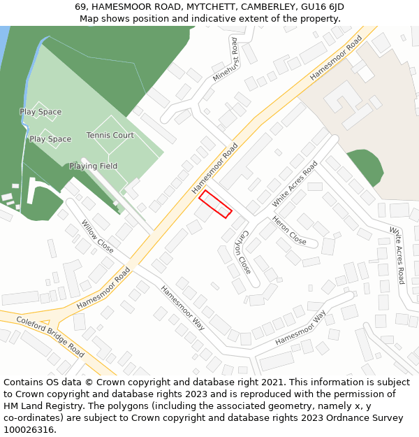 69, HAMESMOOR ROAD, MYTCHETT, CAMBERLEY, GU16 6JD: Location map and indicative extent of plot