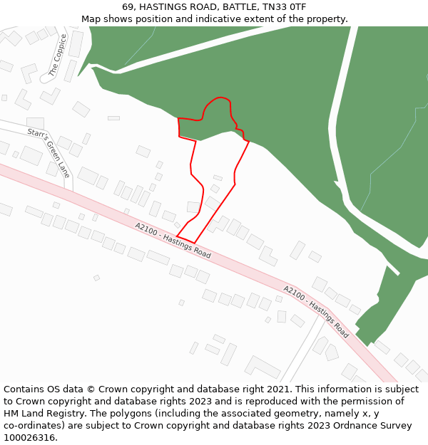 69, HASTINGS ROAD, BATTLE, TN33 0TF: Location map and indicative extent of plot