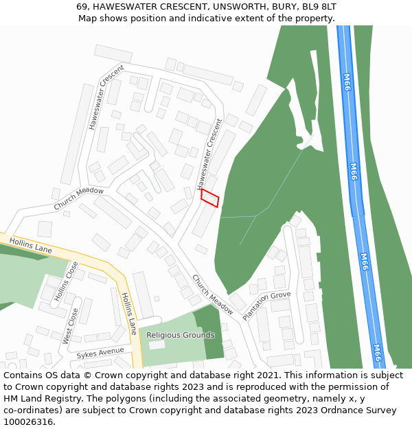 69, HAWESWATER CRESCENT, UNSWORTH, BURY, BL9 8LT: Location map and indicative extent of plot
