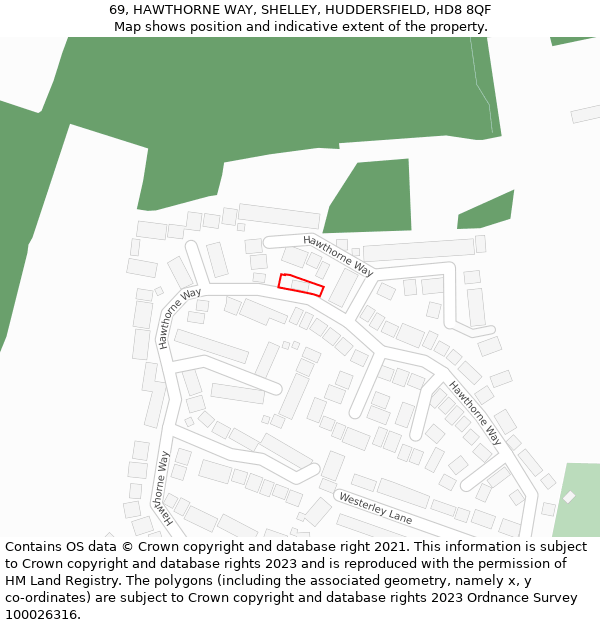 69, HAWTHORNE WAY, SHELLEY, HUDDERSFIELD, HD8 8QF: Location map and indicative extent of plot