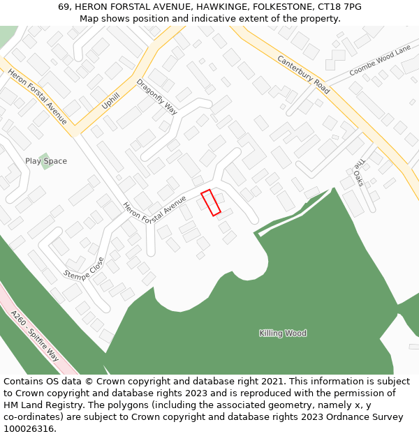 69, HERON FORSTAL AVENUE, HAWKINGE, FOLKESTONE, CT18 7PG: Location map and indicative extent of plot