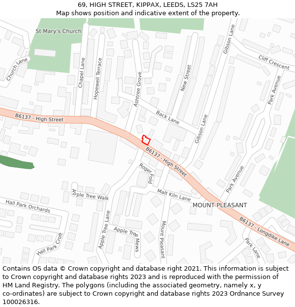 69, HIGH STREET, KIPPAX, LEEDS, LS25 7AH: Location map and indicative extent of plot