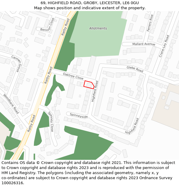 69, HIGHFIELD ROAD, GROBY, LEICESTER, LE6 0GU: Location map and indicative extent of plot