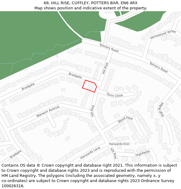 69, HILL RISE, CUFFLEY, POTTERS BAR, EN6 4RX: Location map and indicative extent of plot