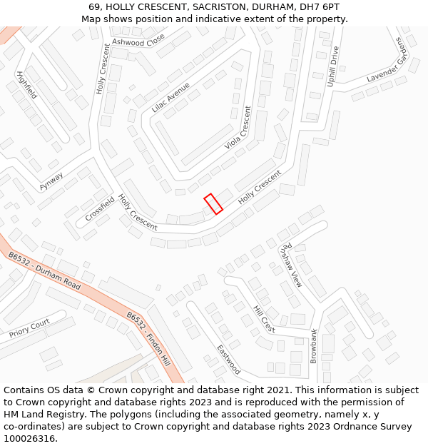 69, HOLLY CRESCENT, SACRISTON, DURHAM, DH7 6PT: Location map and indicative extent of plot