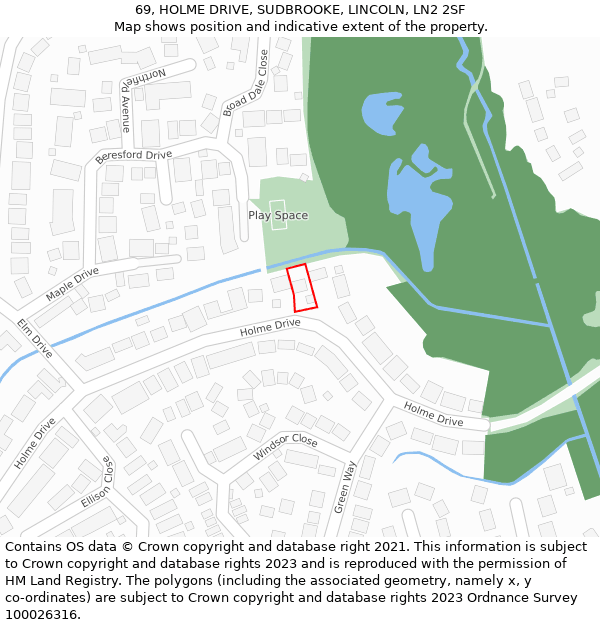 69, HOLME DRIVE, SUDBROOKE, LINCOLN, LN2 2SF: Location map and indicative extent of plot