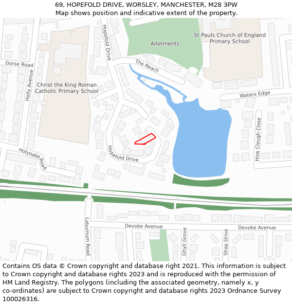 69, HOPEFOLD DRIVE, WORSLEY, MANCHESTER, M28 3PW: Location map and indicative extent of plot