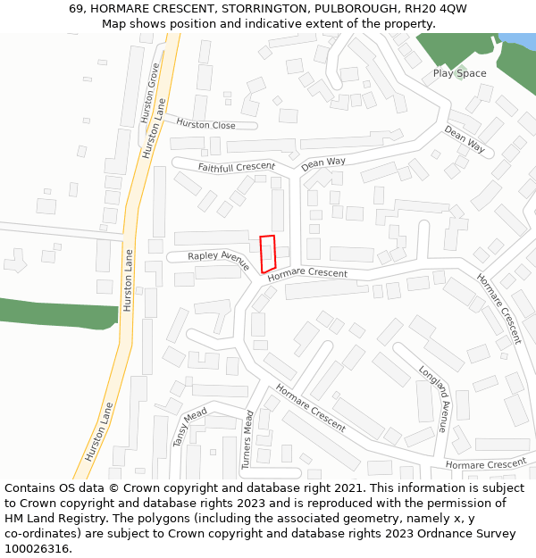 69, HORMARE CRESCENT, STORRINGTON, PULBOROUGH, RH20 4QW: Location map and indicative extent of plot