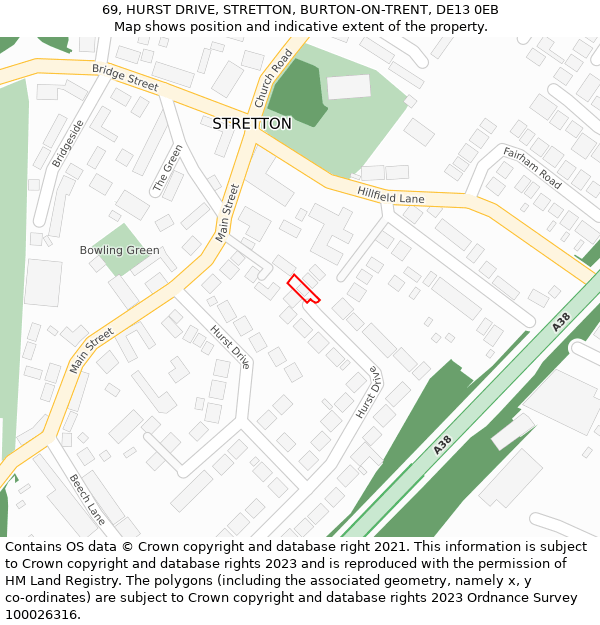 69, HURST DRIVE, STRETTON, BURTON-ON-TRENT, DE13 0EB: Location map and indicative extent of plot