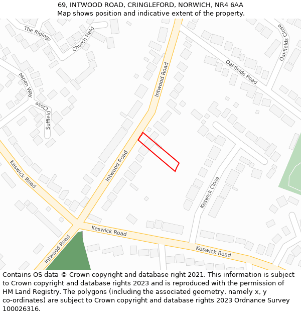 69, INTWOOD ROAD, CRINGLEFORD, NORWICH, NR4 6AA: Location map and indicative extent of plot