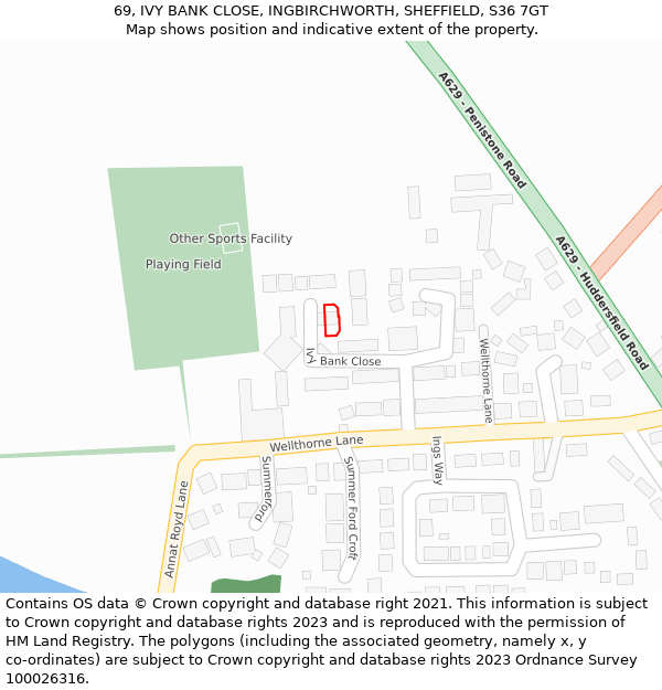 69, IVY BANK CLOSE, INGBIRCHWORTH, SHEFFIELD, S36 7GT: Location map and indicative extent of plot